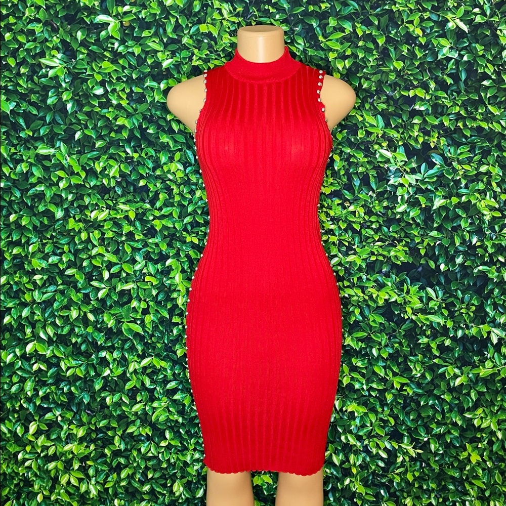 Mock Neck Studded Rib-Knit Dress